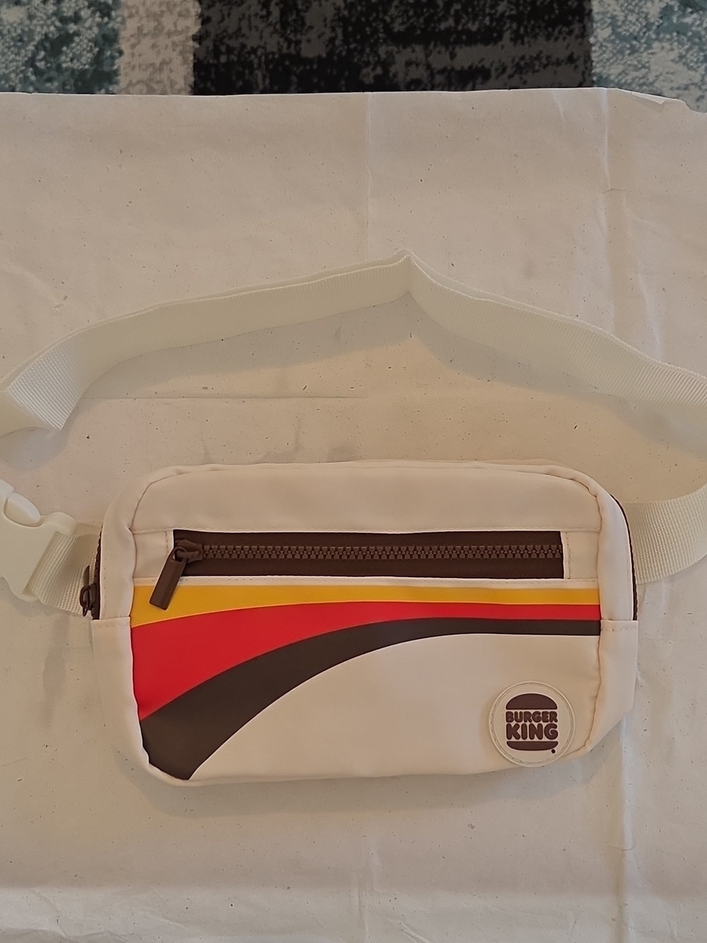 Exclusive Burger King Fanny Pack Bag White w/ Red Yellow Brown Stripe